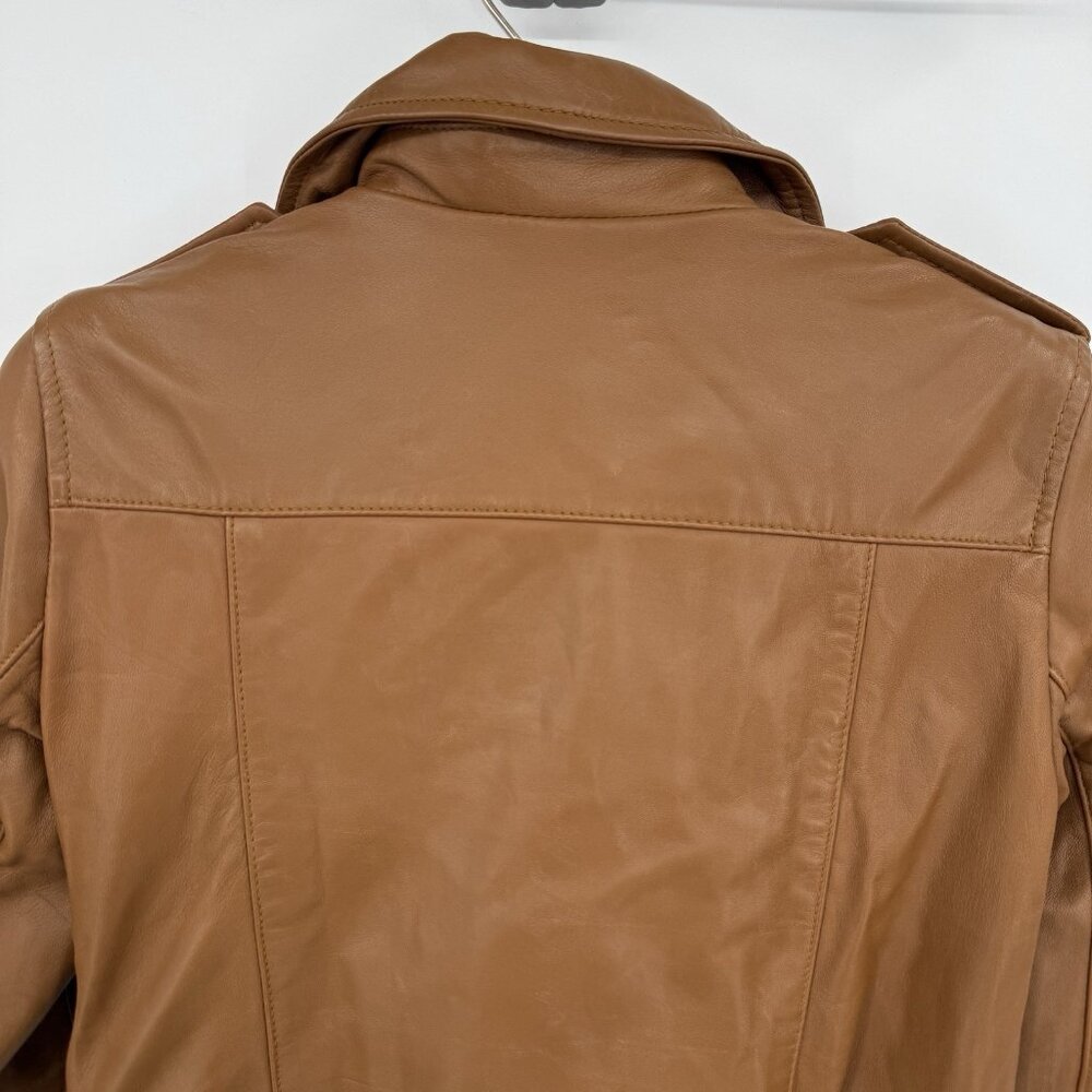 Quince Women's Cognac Leather Motorcycle Jacket size XS Sheep Leather Belted - Picture 13 of 16